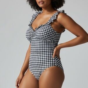 J. Crew Classic one piece swim suit 22 Navy blue white seersucker gingham check